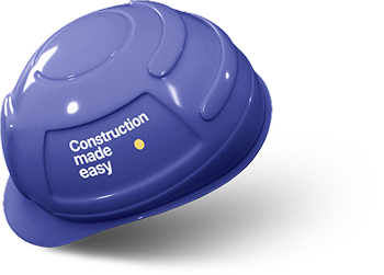 Gotowy do rozpoczęcia, fioletowy kask z etykietą „Budowa stała się łatwa”